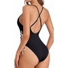 Women Sexy Lace Up One Piece Swimsuit Plunge V Neck High Cut Bathing suits(Black and White – No Texture)