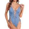 Women Sexy Lace Up One Piece Swimsuit Plunge V Neck High Cut Bathing suits(Gray Blue)