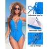 Women Sexy Lace Up One Piece Swimsuit Plunge V Neck High Cut Bathing suits(Light Blue – No Texture)