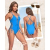 Women Sexy Lace Up One Piece Swimsuit Plunge V Neck High Cut Bathing suits(Light Blue – No Texture)
