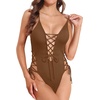Women Sexy Lace Up One Piece Swimsuit Plunge V Neck High Cut Bathing suits(Solid Brown)