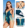 Women Sexy Lace Up One Piece Swimsuit Plunge V Neck High Cut Bathing suits(Teal and Green)