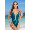 Women Sexy Lace Up One Piece Swimsuit Plunge V Neck High Cut Bathing suits(Teal and Green)