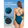 Women Sexy Lace Up One Piece Swimsuit Plunge V Neck High Cut Bathing suits(Teal and Green)