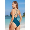 Women Sexy Lace Up One Piece Swimsuit Plunge V Neck High Cut Bathing suits(Teal and Green)