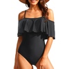 Women One Piece Swimsuit Vintage Off Shoulder Ruffled Bathing Suits(Black)