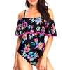 Women One Piece Swimsuit Vintage Off Shoulder Ruffled Bathing Suits(Pink Colorful Floral)