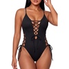 Women Sexy Lace Up One Piece Swimsuit Plunge V Neck High Cut Bathing suits(Black)