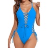 Women Sexy Lace Up One Piece Swimsuit Plunge V Neck High Cut Bathing suits(Light Blue – No Texture)
