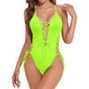 Women Sexy Lace Up One Piece Swimsuit Plunge V Neck High Cut Bathing suits(Neon Green)