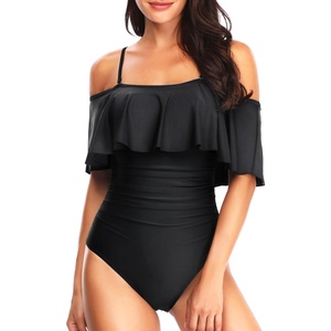 Women One Piece Swimsuit Vintage Off Shoulder Ruffled Bathing Suits(Black New)