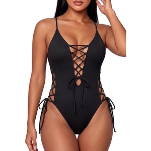 Women Sexy Lace Up One Piece Swimsuit Plunge V Neck High Cut Bathing suits(Black)