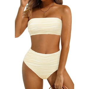Tempt Me Women Beige Bandeau Bikini Set Strapless Two Piece Swimsuit Ribbed High Waisted Bathing Suits