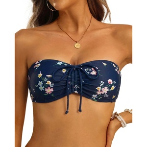 Tempt Me Women Strapless Bandeau Bikini Top Swim Bra(Navy Floral)