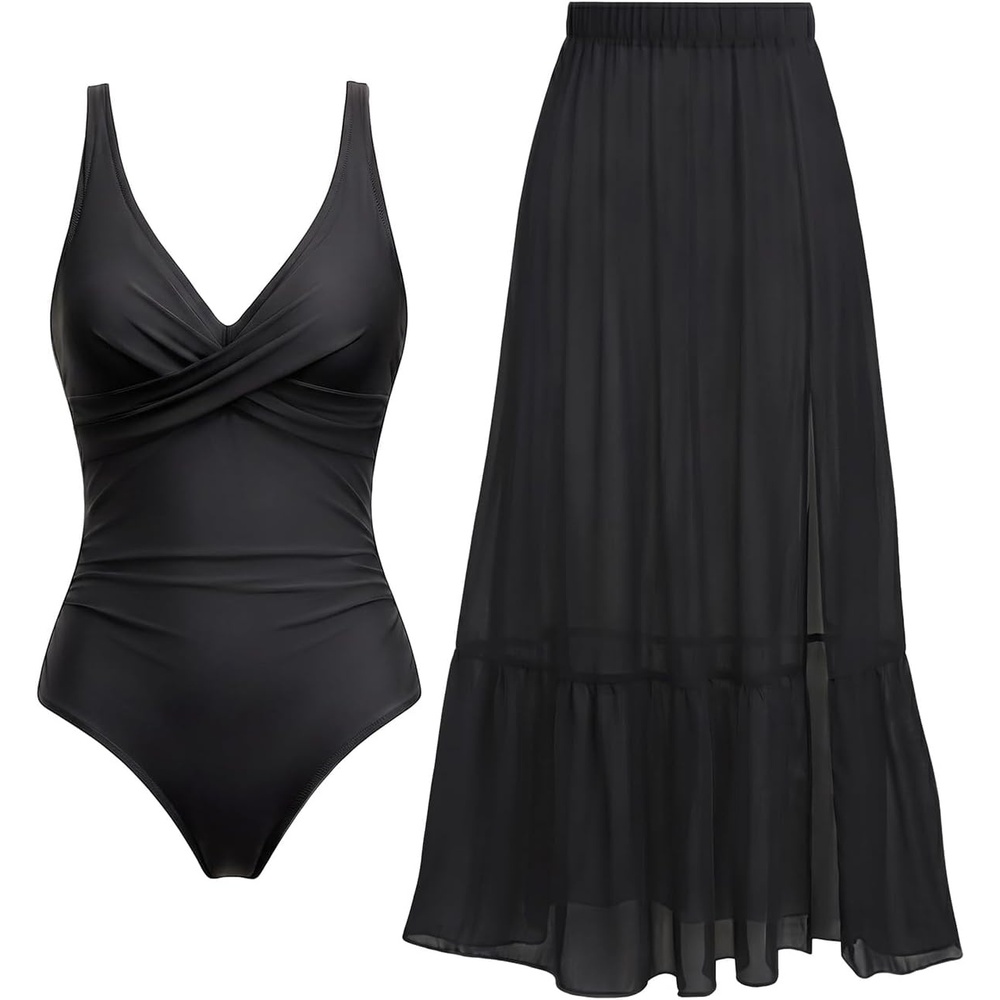 image:imageTempt Me Women Twist Tummy Control One Piece Swimsuit with Cover Up SkirtBlack