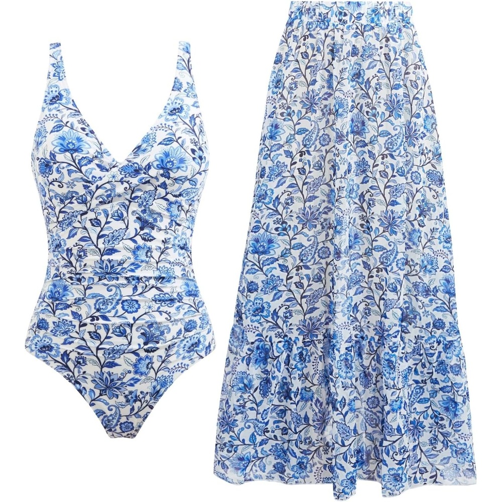 image:imageTempt Me Women Twist Tummy Control One Piece Swimsuit with Cover Up SkirtBlue Floral