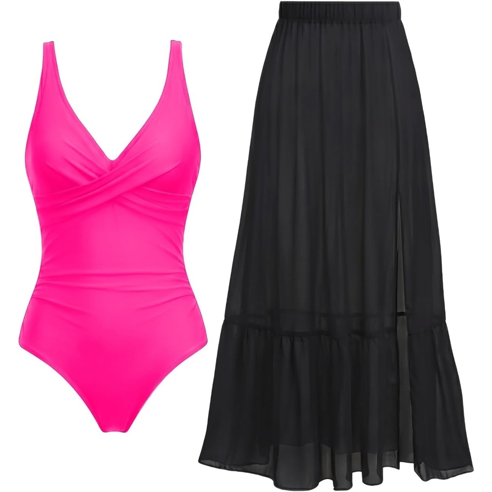 image:imageTempt Me Women Twist Tummy Control One Piece Swimsuit with Cover Up SkirtHot Pink