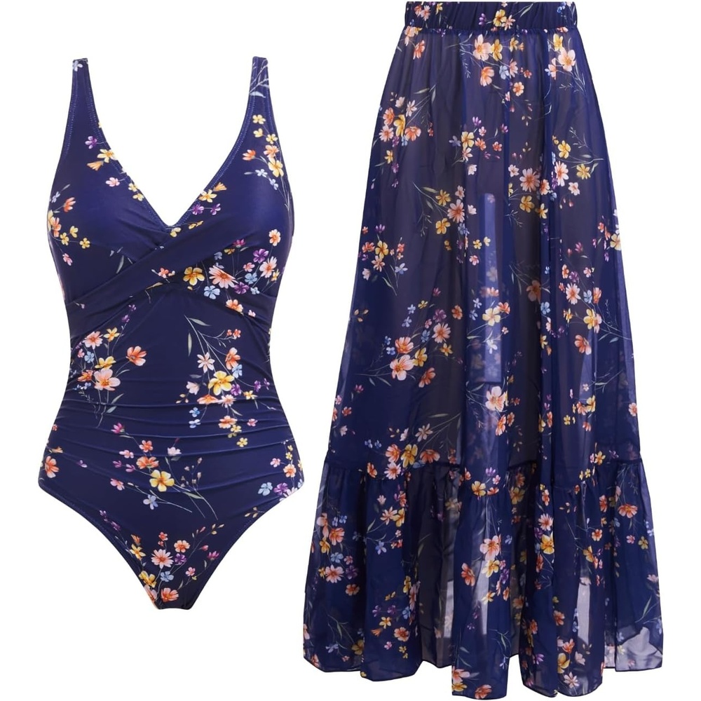 image:imageTempt Me Women Twist Tummy Control One Piece Swimsuit with Cover Up SkirtNavy Blue Floral
