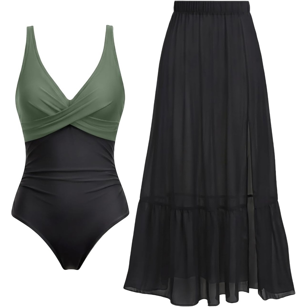 image:imageTempt Me Women Twist Tummy Control One Piece Swimsuit with Cover Up SkirtOlive Green