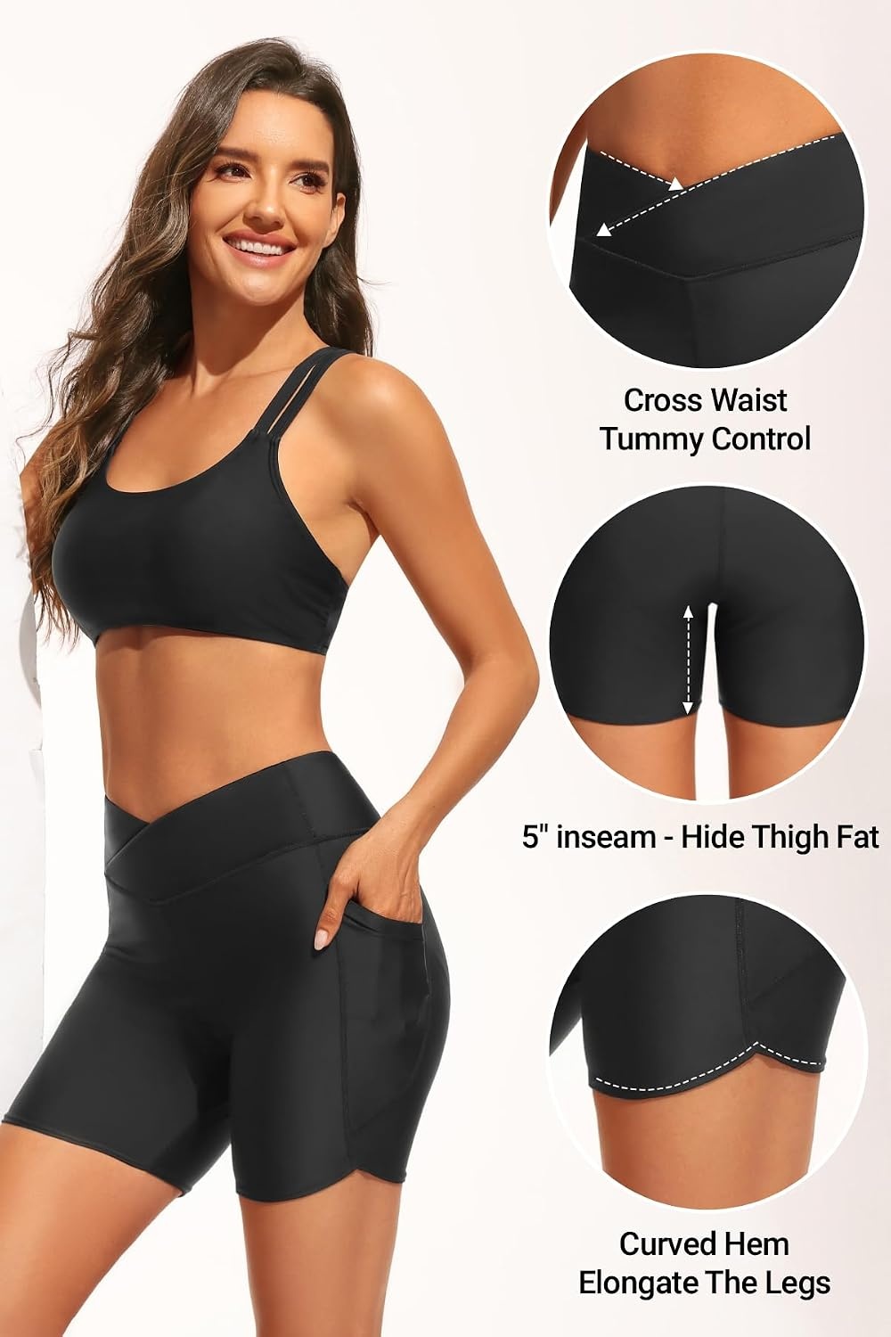 image:imageWomen High Waisted Swim Shorts 5 Bathing Suit Bottoms with Pockets 2026Black