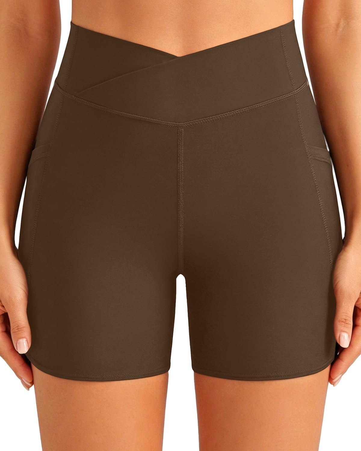 image:imageWomen High Waisted Swim Shorts 5 Bathing Suit Bottoms with Pockets 2026Brown