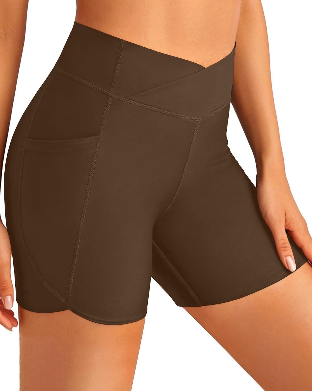 image:imageWomen High Waisted Swim Shorts 5 Bathing Suit Bottoms with Pockets 2026Brown