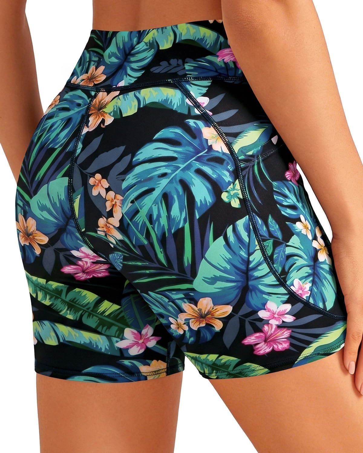 image:imageWomen High Waisted Swim Shorts 5 Bathing Suit Bottoms with Pockets 2026Tropic Leaves