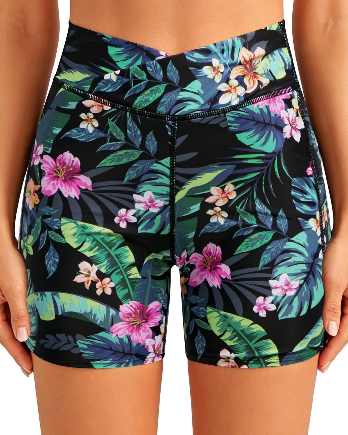 image:imageWomen High Waisted Swim Shorts 5 Bathing Suit Bottoms with Pockets 2026Tropic Leaves