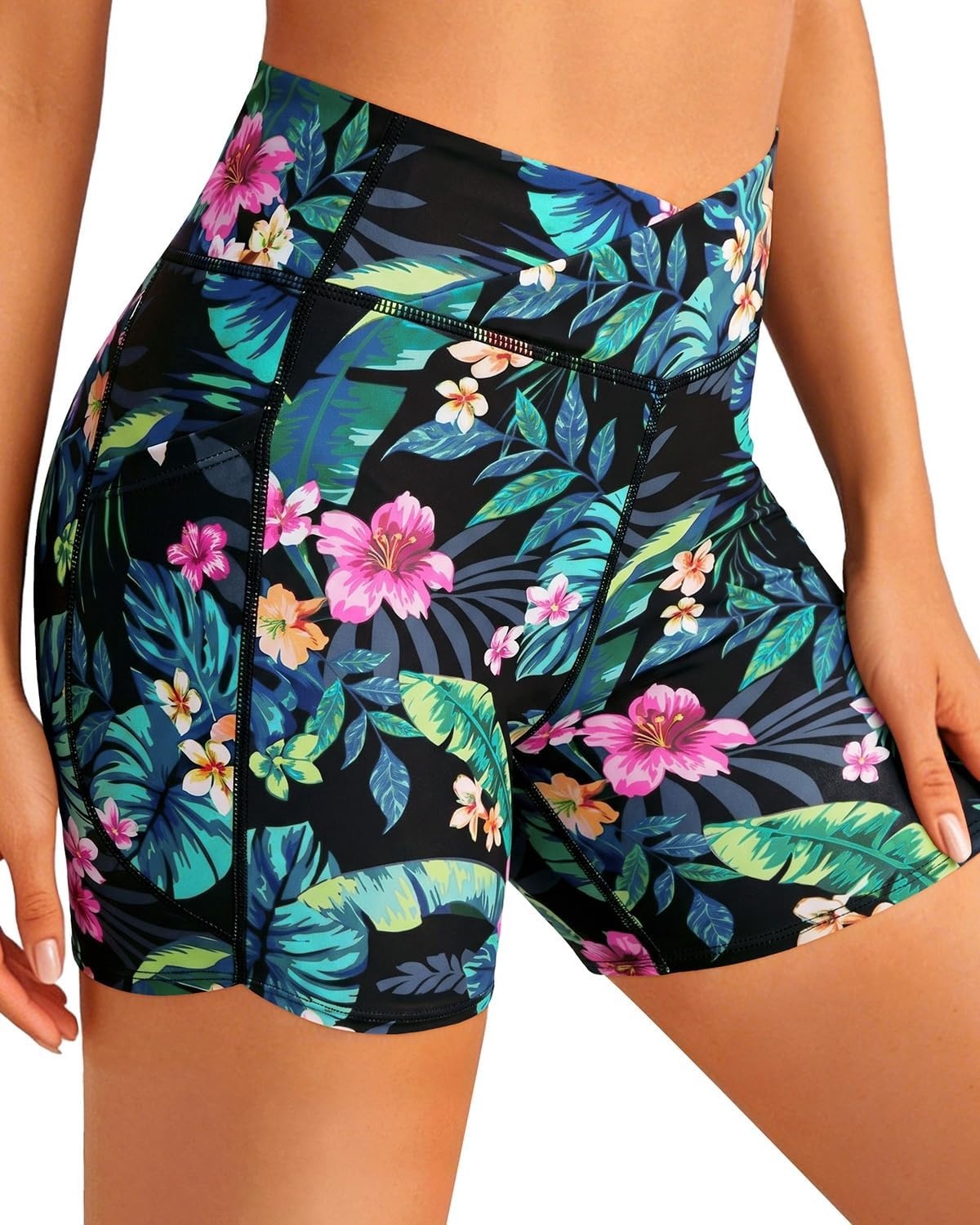image:imageWomen High Waisted Swim Shorts 5 Bathing Suit Bottoms with Pockets 2026Tropic Leaves