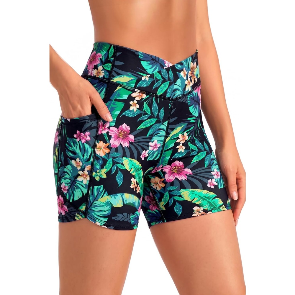 image:imageWomen High Waisted Swim Shorts 5 Bathing Suit Bottoms with Pockets 2026Tropic Leaves